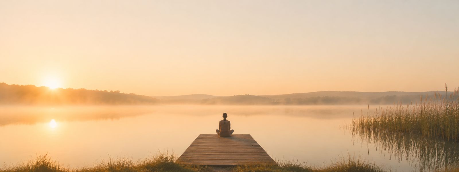 Ženska sedi v meditaciji na lesenem pomolu ob jezeru v jutranji megli.
